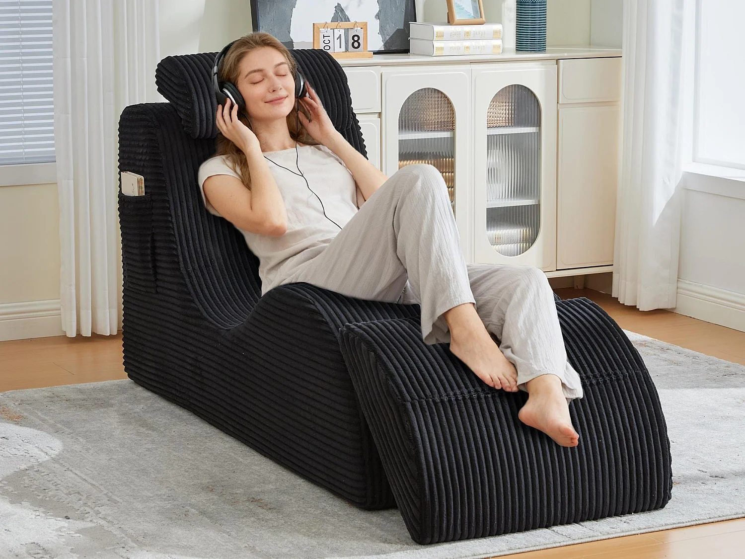 Chaise Longue en Corde Côtelée - Confort Ergonomique - Coussin Amovible 2-en-1 - Support 200kg - Idéale Salon & Bureau