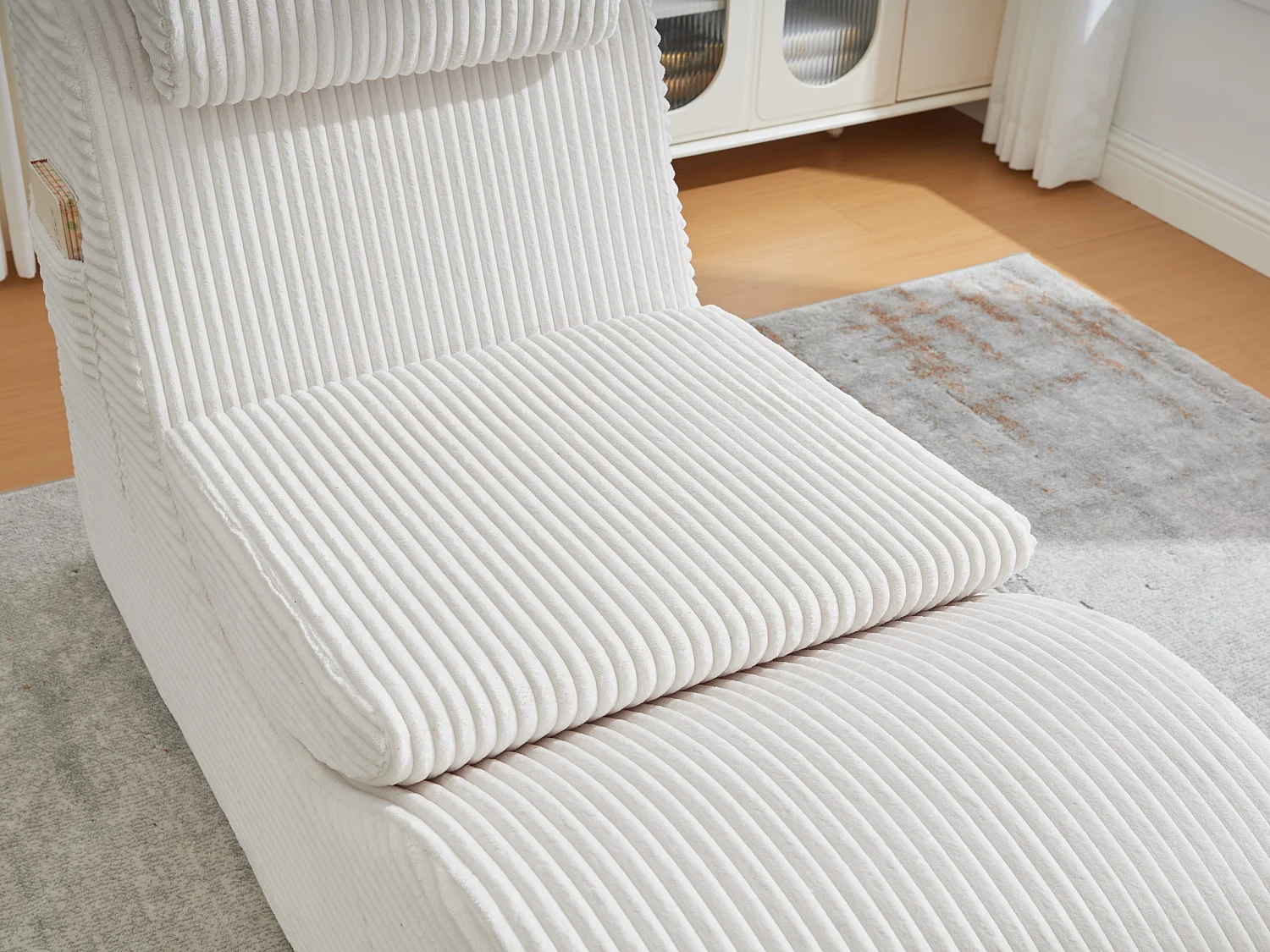 Chaise Longue en Corde Côtelée - Confort Ergonomique - Coussin Amovible 2-en-1 - Support 200kg - Beige - Idéale Salon & Bureau