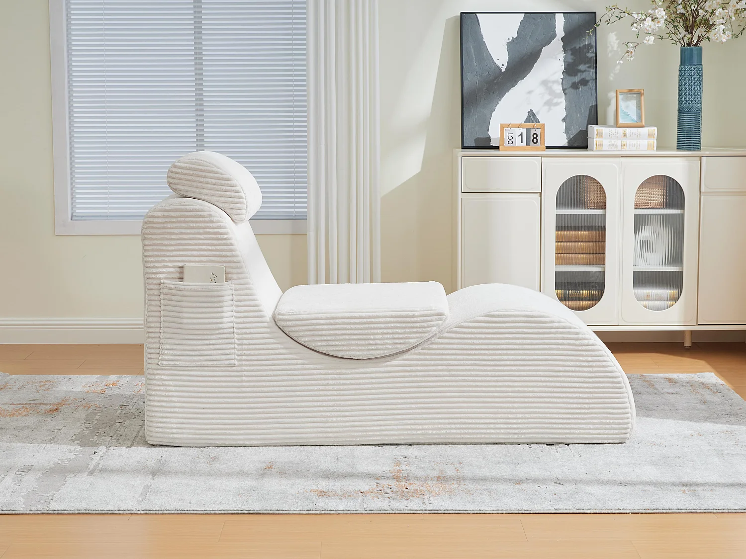 Chaise Longue en Corde Côtelée - Confort Ergonomique - Coussin Amovible 2-en-1 - Support 200kg - Beige - Idéale Salon & Bureau