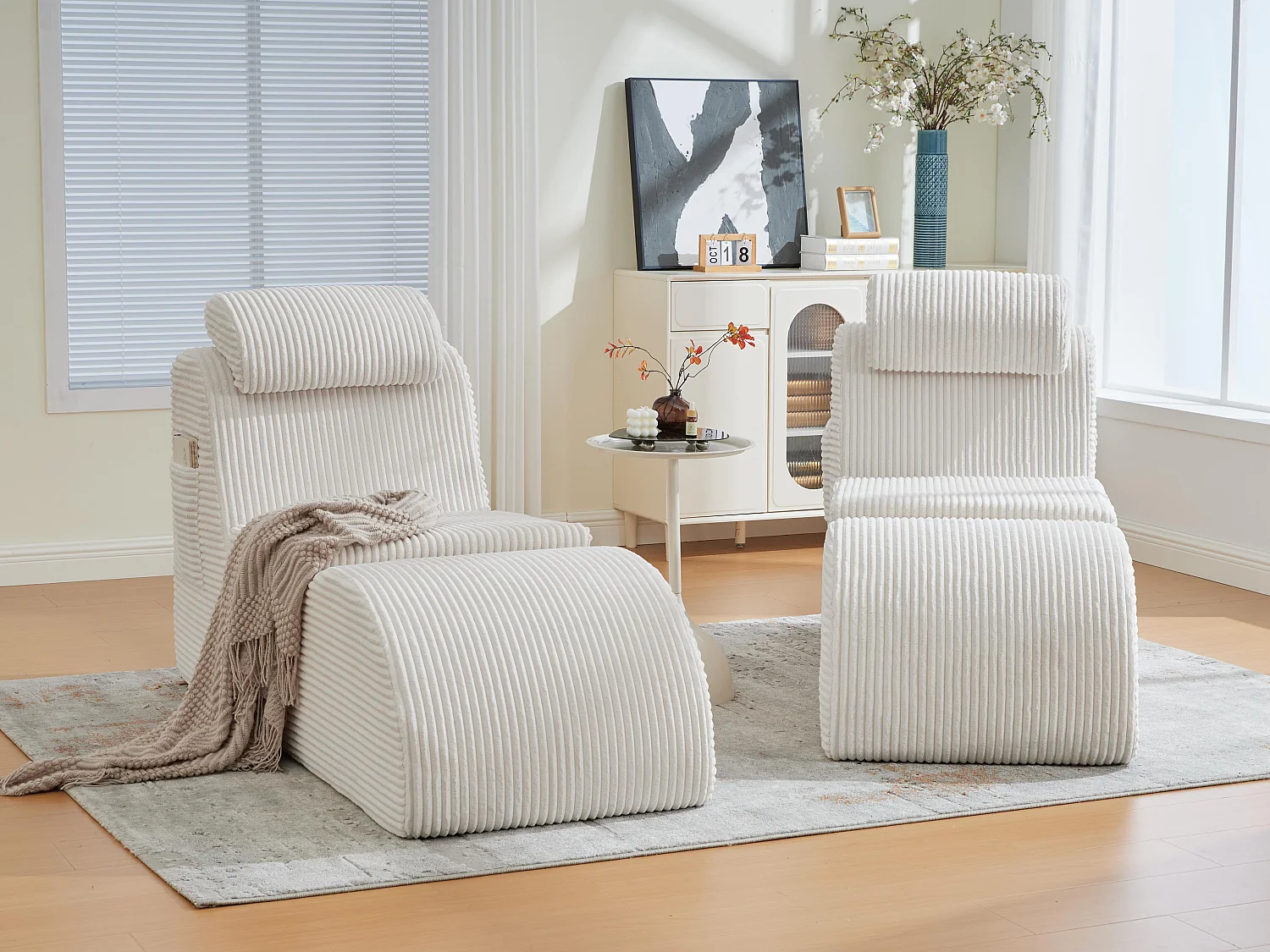 Chaise Longue en Corde Côtelée - Confort Ergonomique - Coussin Amovible 2-en-1 - Support 200kg - Beige - Idéale Salon & Bureau