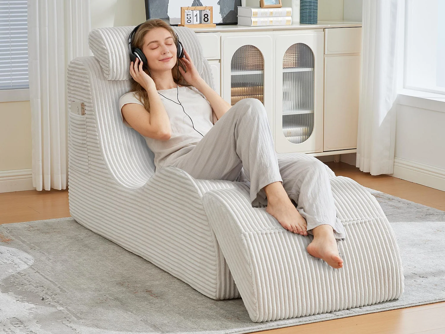 Chaise Longue en Corde Côtelée - Confort Ergonomique - Coussin Amovible 2-en-1 - Support 200kg - Beige - Idéale Salon & Bureau