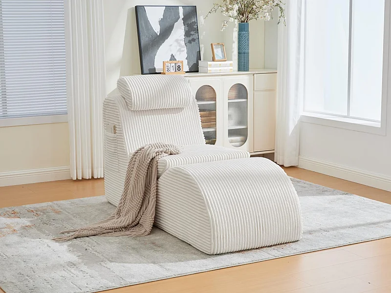 Chaise Longue en Corde Côtelée - Confort Ergonomique - Coussin Amovible 2-en-1 - Support 200kg - Beige - Idéale Salon & Bureau