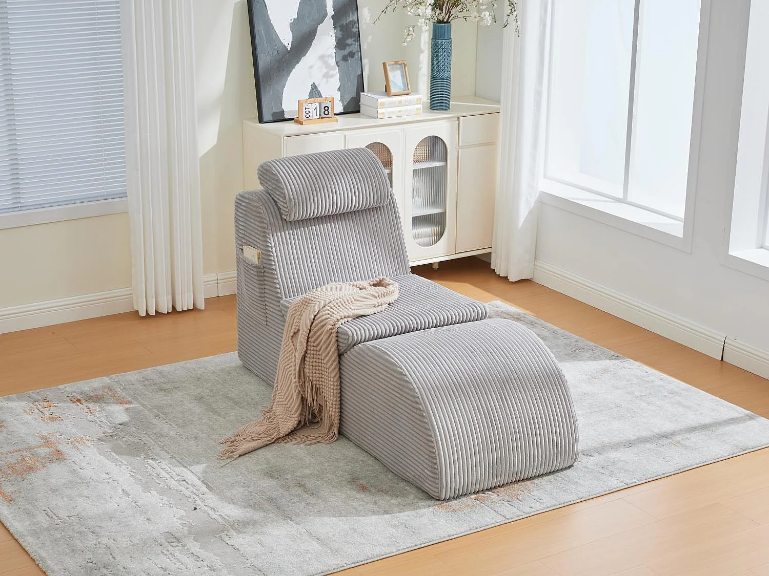 Chaise Longue en Corde Côtelée - Confort Ergonomique - Coussin Amovible 2-en-1 - Support 200kg - Idéale Salon & Bureau