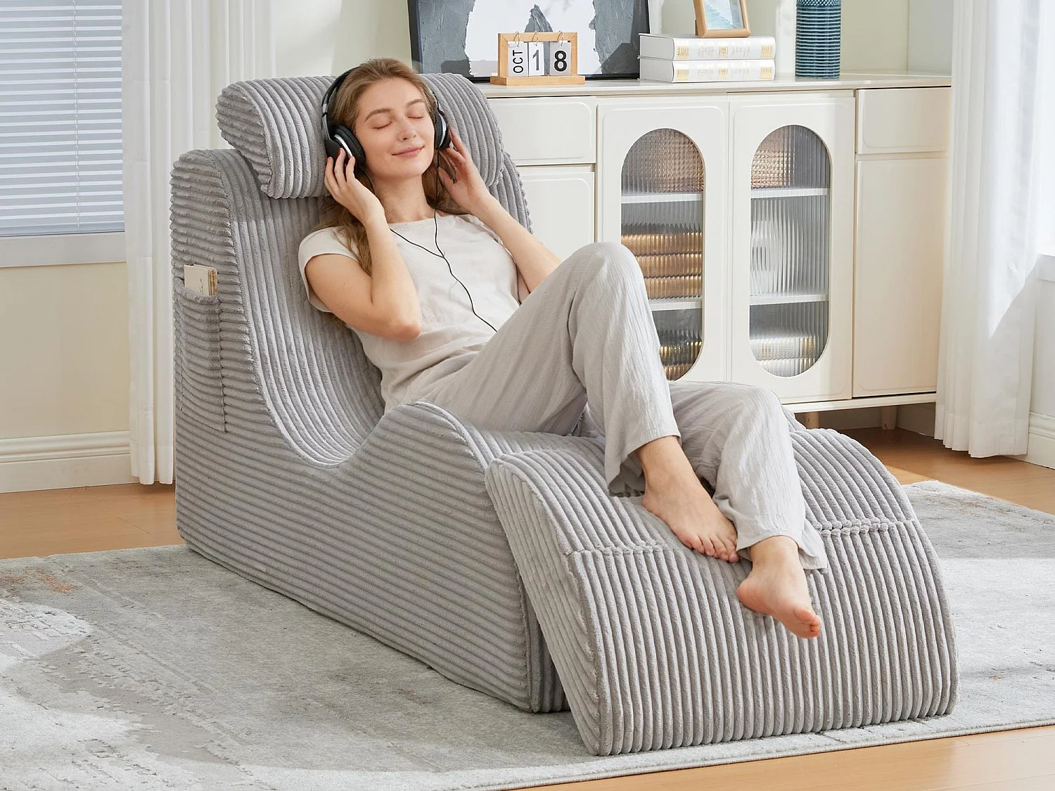Chaise Longue en Corde Côtelée - Confort Ergonomique - Coussin Amovible 2-en-1 - Support 200kg - Idéale Salon & Bureau