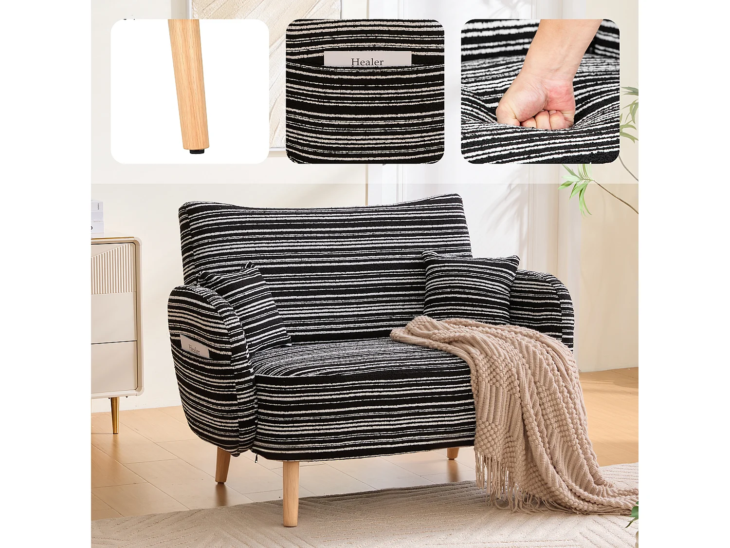 Linea 2.0 Compact 2-Zitsbank 121 cm – Zeer Robuust 250 kg, Bouclé Stof met Opbergzakjes – Perfect voor Kleine Ruimtes en Alle Kamers