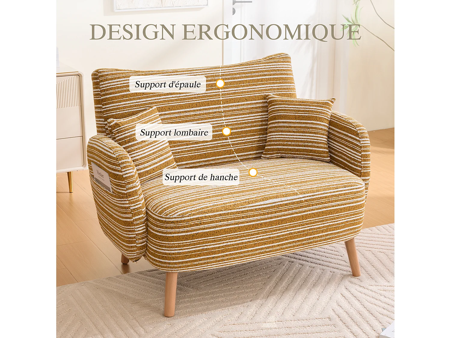 Linea 2.0 - Petit Canapé 2 Places Jaune - Extrêmement Robuste 250kg, Tissu Bouclé avec Poches - Parfait pour les Petits Espaces et Toutes les Pièces