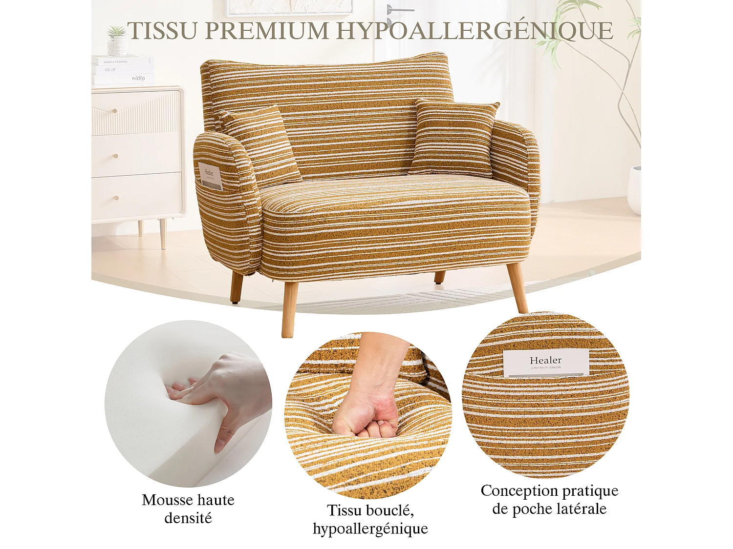 Linea 2.0 - Petit Canapé 2 Places Jaune - Extrêmement Robuste 250kg, Tissu Bouclé avec Poches - Parfait pour les Petits Espaces et Toutes les Pièces