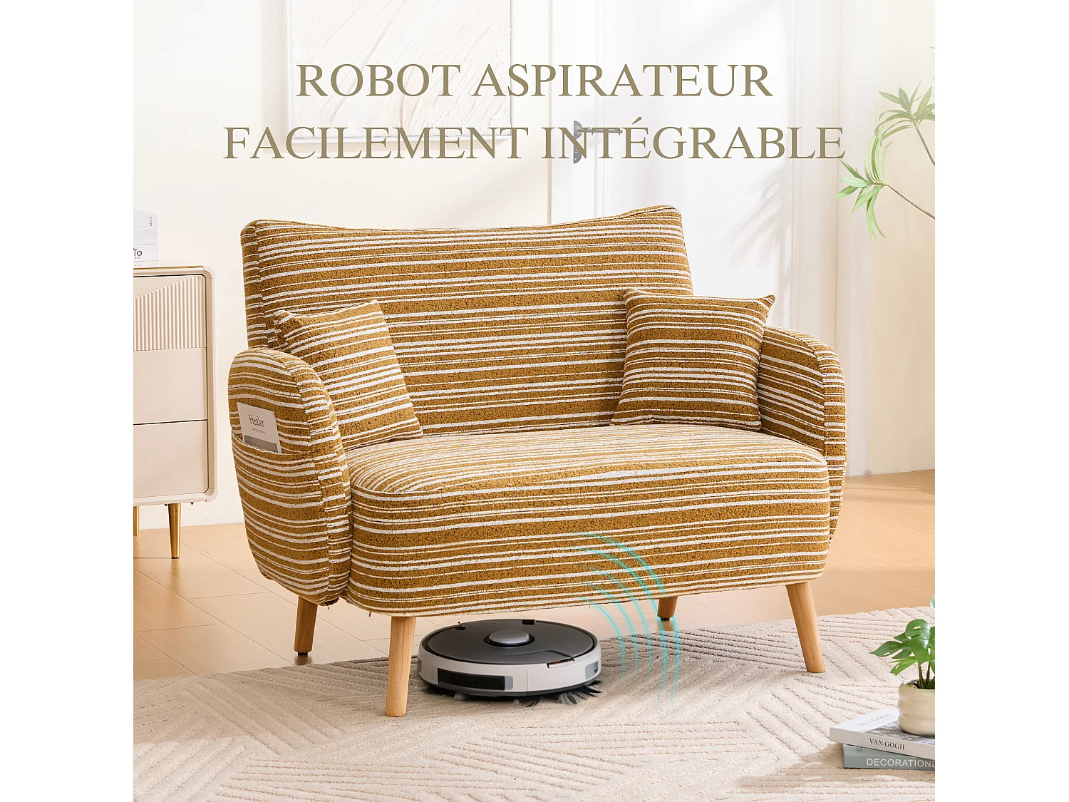 Linea 2.0 - Petit Canapé 2 Places Jaune - Extrêmement Robuste 250kg, Tissu Bouclé avec Poches - Parfait pour les Petits Espaces et Toutes les Pièces