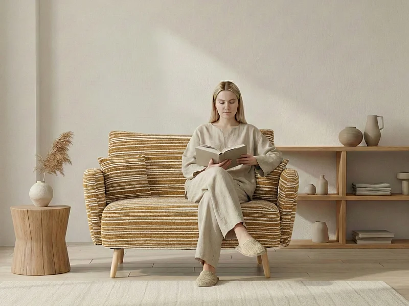 Linea 2.0 - Petit Canapé 2 Places Jaune - Extrêmement Robuste 250kg, Tissu Bouclé avec Poches - Parfait pour les Petits Espaces et Toutes les Pièces