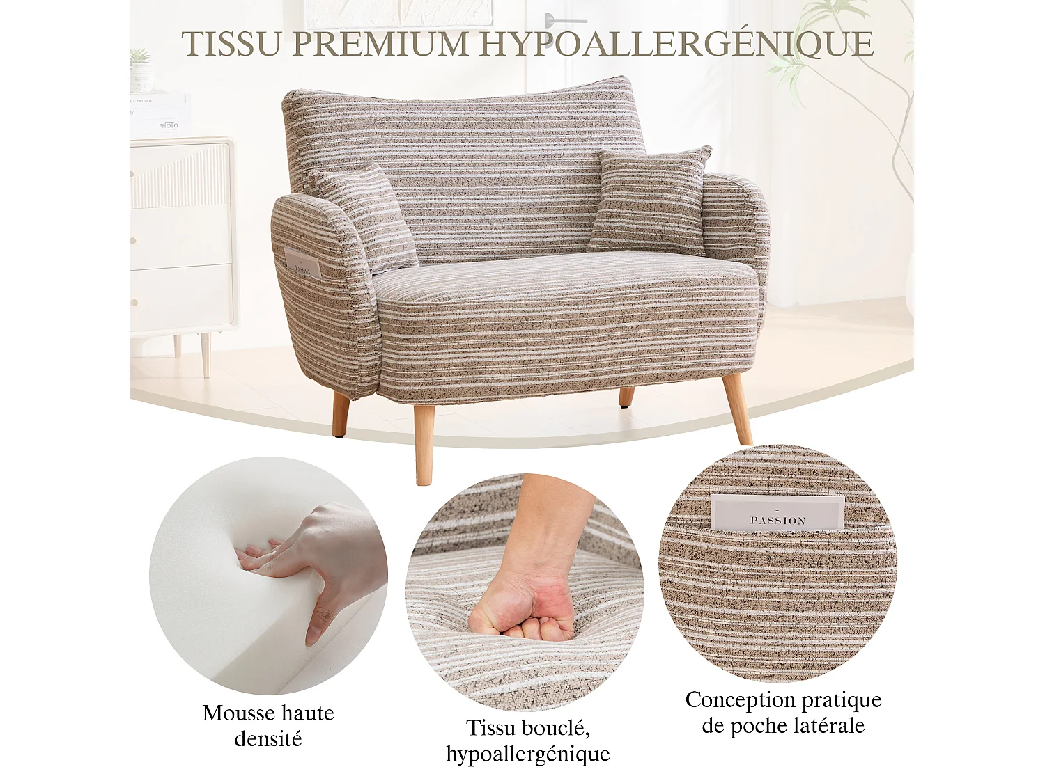 Sofá 2 Plazas Compacto 121cm - Línea 2.0. Extrarrobusto 250kg, Tejido Bouclé con Bolsillos. Ideal para espacios reducidos y cualquier habitación.