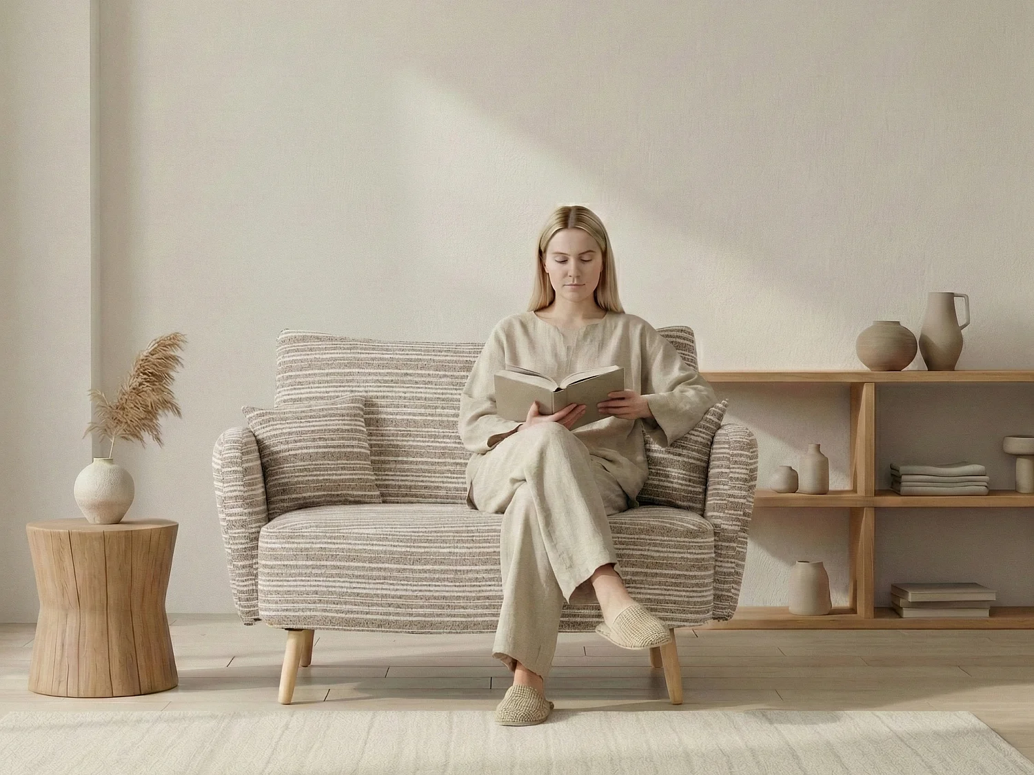 Linea 2.0 - Petit Canapé 2 Places Kaki - Extrêmement Robuste 250kg, Tissu Bouclé avec Poches - Parfait pour les Petits Espaces et Toutes les Pièces