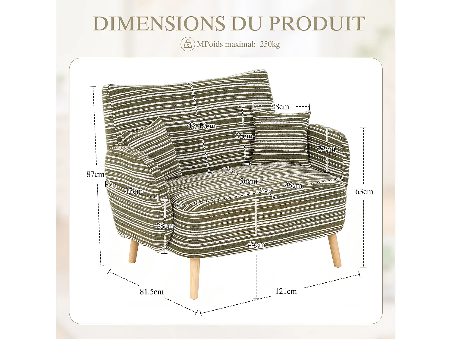 Linea 2.0 - Petit Canapé 2 Places 121cm Large - Extrêmement Robuste 250kg, Tissu Bouclé avec Poches - Parfait pour les Petits Espaces et Toutes les Pièces