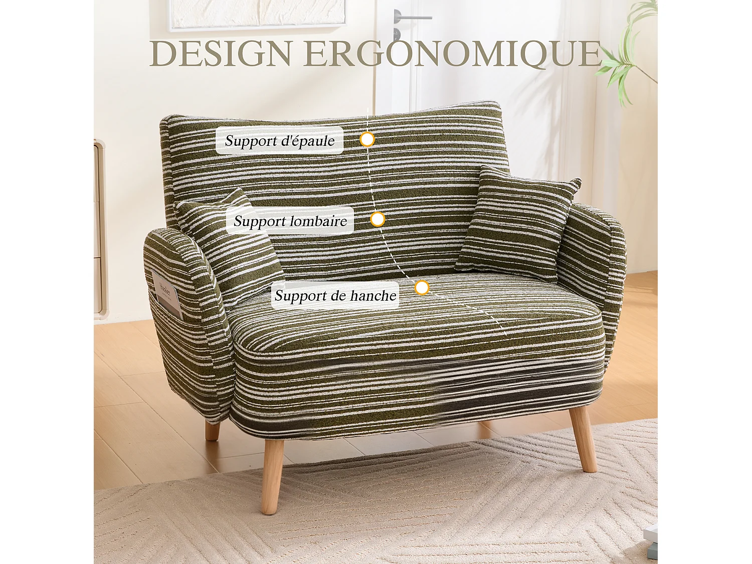 Linea 2.0 - Petit Canapé 2 Places 121cm Large - Extrêmement Robuste 250kg, Tissu Bouclé avec Poches - Parfait pour les Petits Espaces et Toutes les Pièces