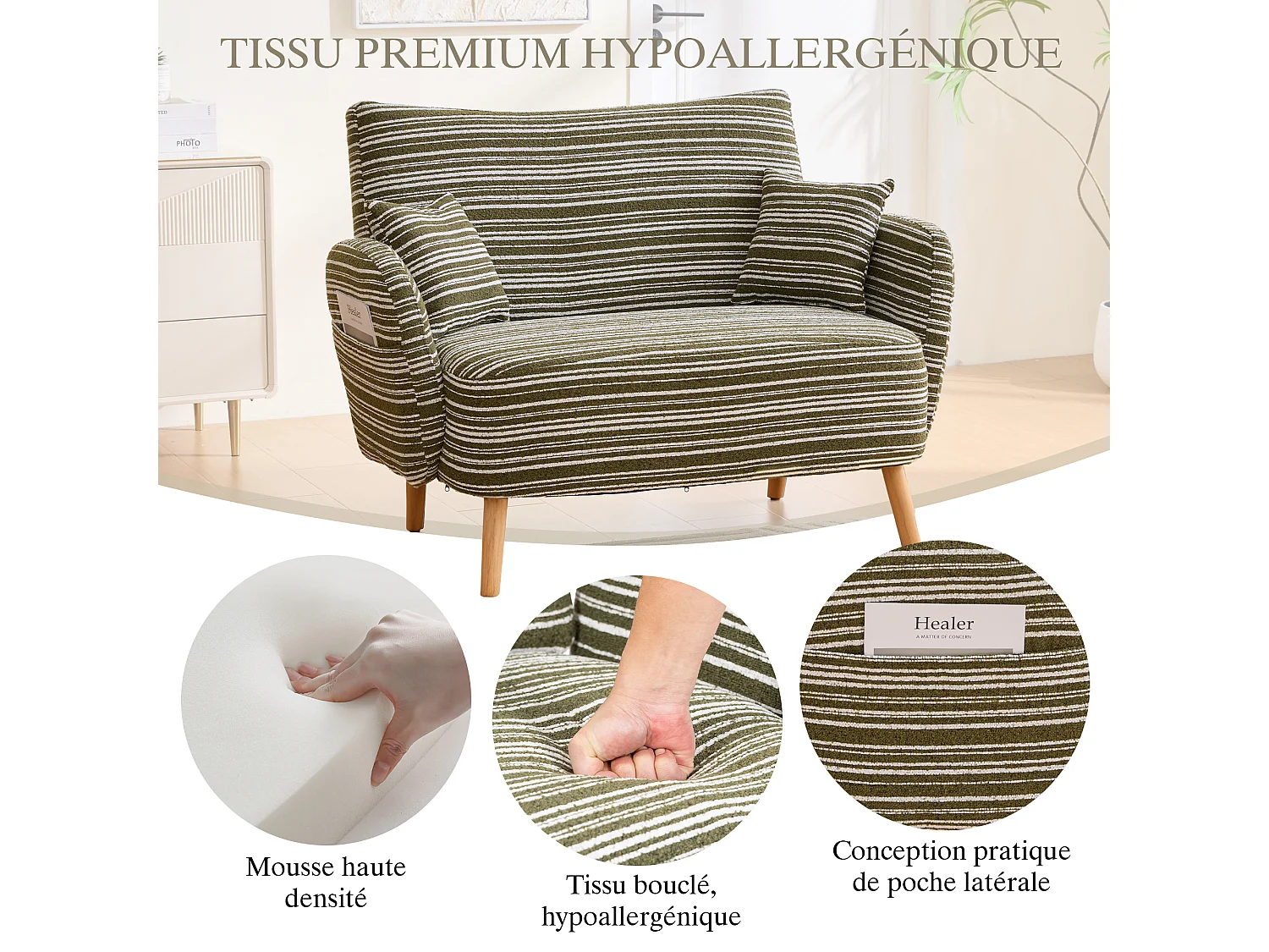 Linea 2.0 - Petit Canapé 2 Places 121cm Large - Extrêmement Robuste 250kg, Tissu Bouclé avec Poches - Parfait pour les Petits Espaces et Toutes les Pièces