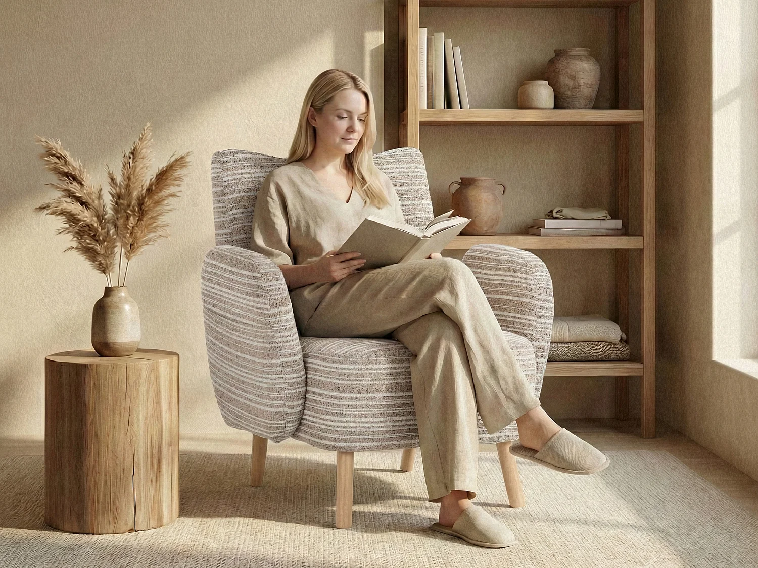 Línea 1.0 - Sillón Relax Bouclé con Reposabrazos con Bolsillos - Confort Ergonómico - Color Caqui - Para Decorar Cualquier Habitación