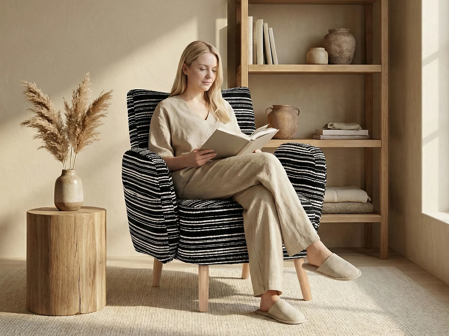 Línea 1.0 - Sillón Relax Bouclé con Reposabrazos con Bolsillos - Confort Ergonómico - Color Caqui - Para Decorar Cualquier Habitación