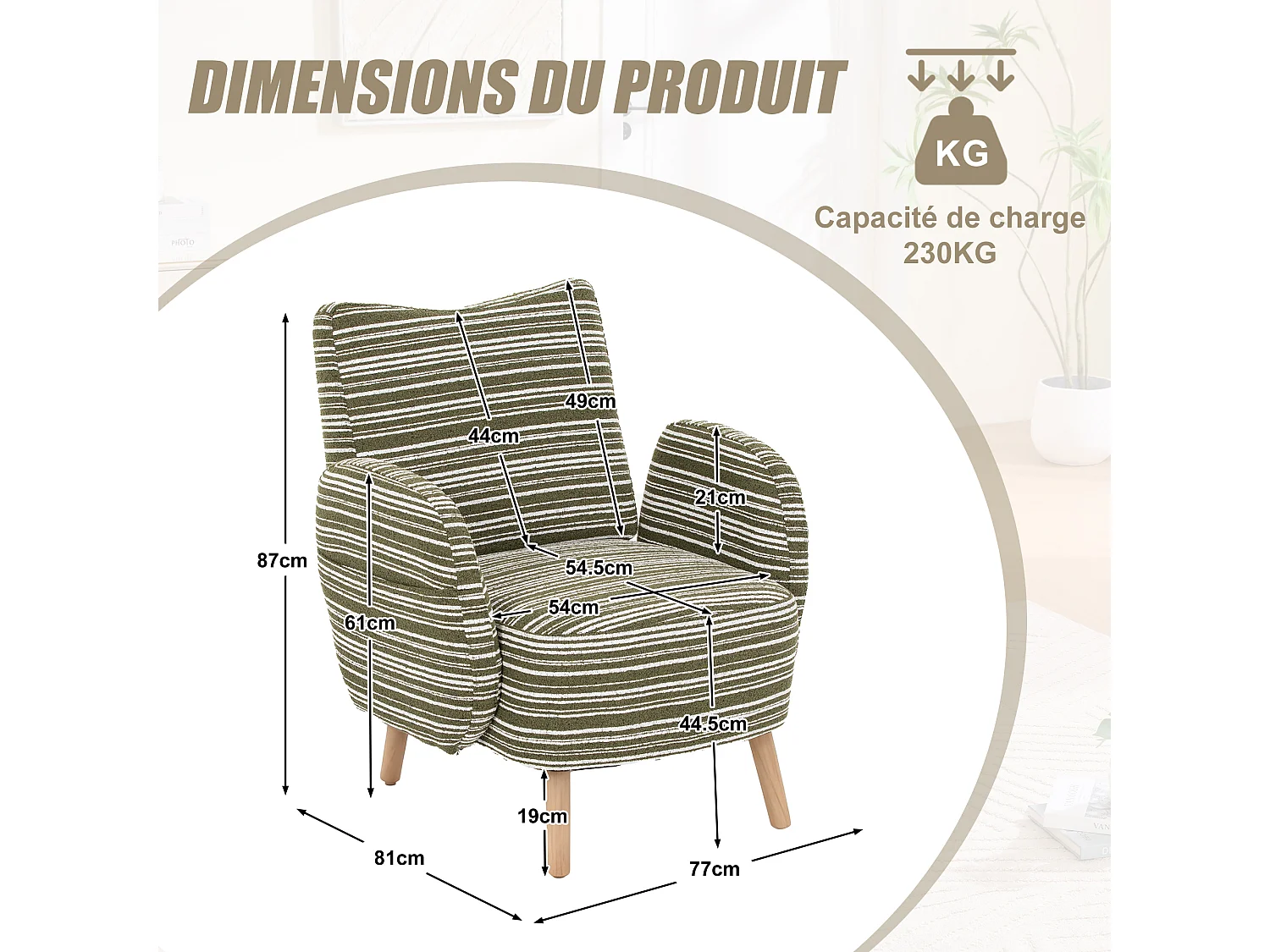 Línea 1.0 - Sillón Relax Bouclé con Reposabrazos con Bolsillos - Confort Ergonómico - Color Caqui - Para Decorar Cualquier Habitación