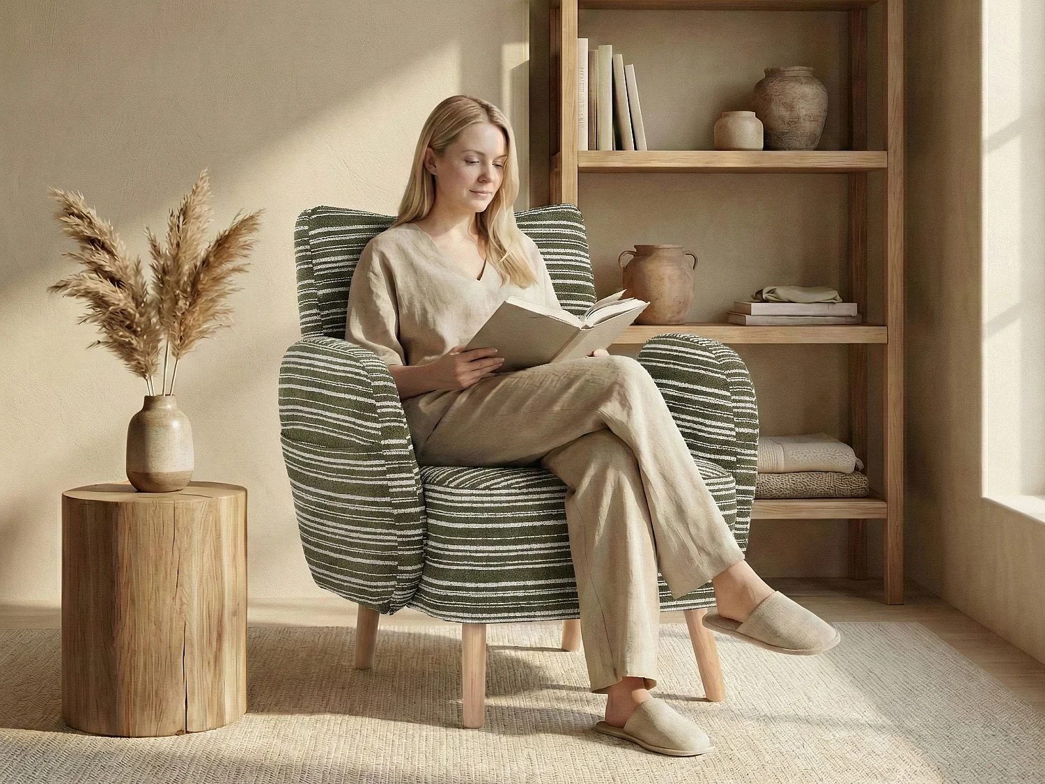 Linea 1.0 - Fauteuil Relax Bouclé avec Accoudoirs à Poches - Confort Ergonomique - Vert - Pour décorer toute pièce