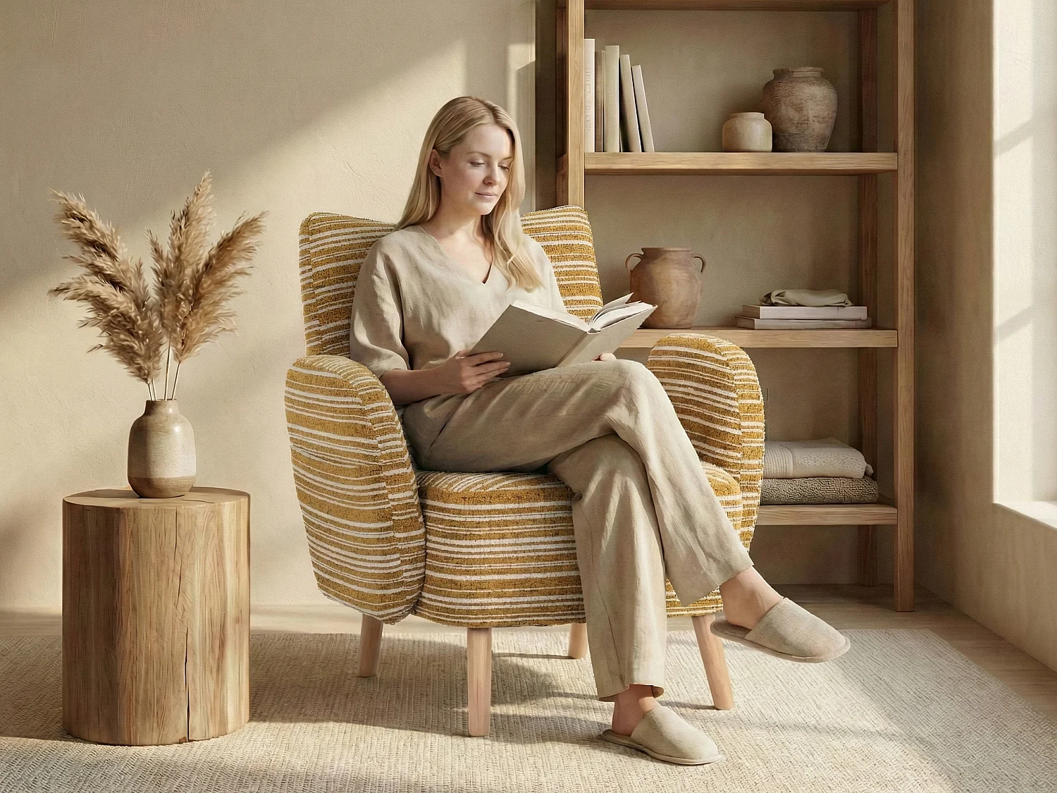 Linea 1.0 - Fauteuil Relax Bouclé avec Accoudoirs à Poches - Confort Ergonomique - Jaune - Pour décorer toute pièce