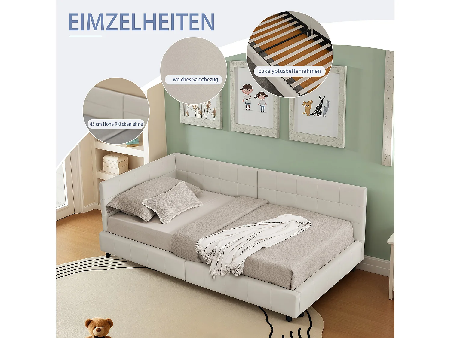 Letto singolo 90×200 cm in morbido velluto, letto per bambini con schienale alto – Beige