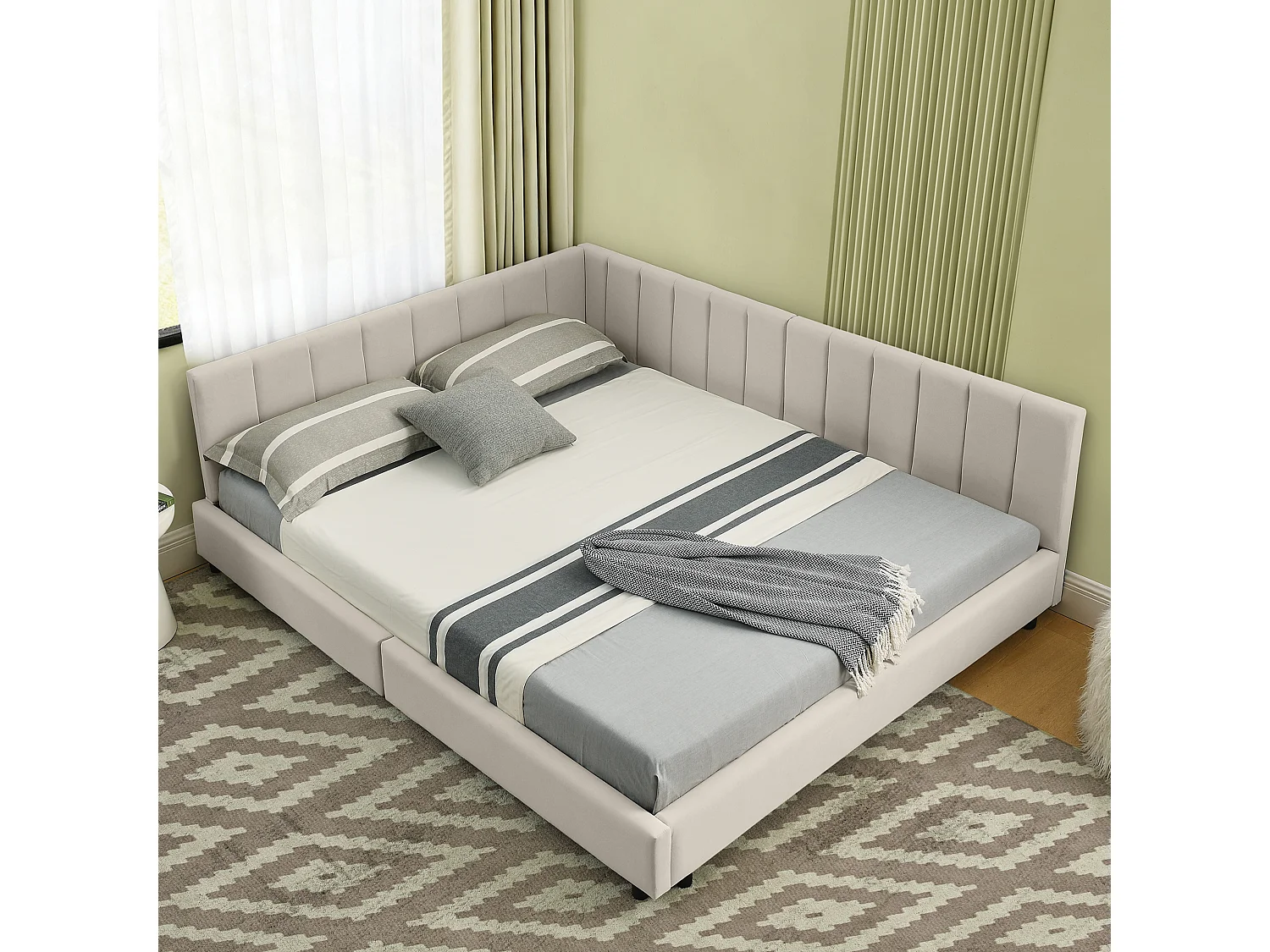 Lit double 140×200 cm en velours doux, haute tête de lit, idéal pour chambre familiale ou appartement, pour couples et petites familles – Beige