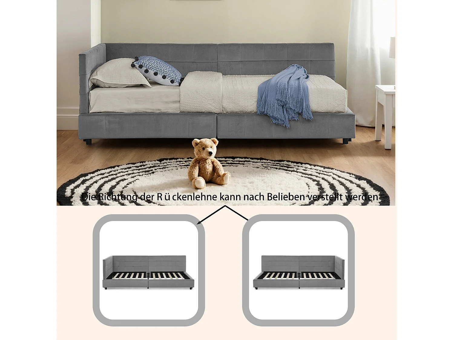 Letto singolo 90×200 cm in morbido velluto, letto per bambini con schienale alto – Grigio Scuro