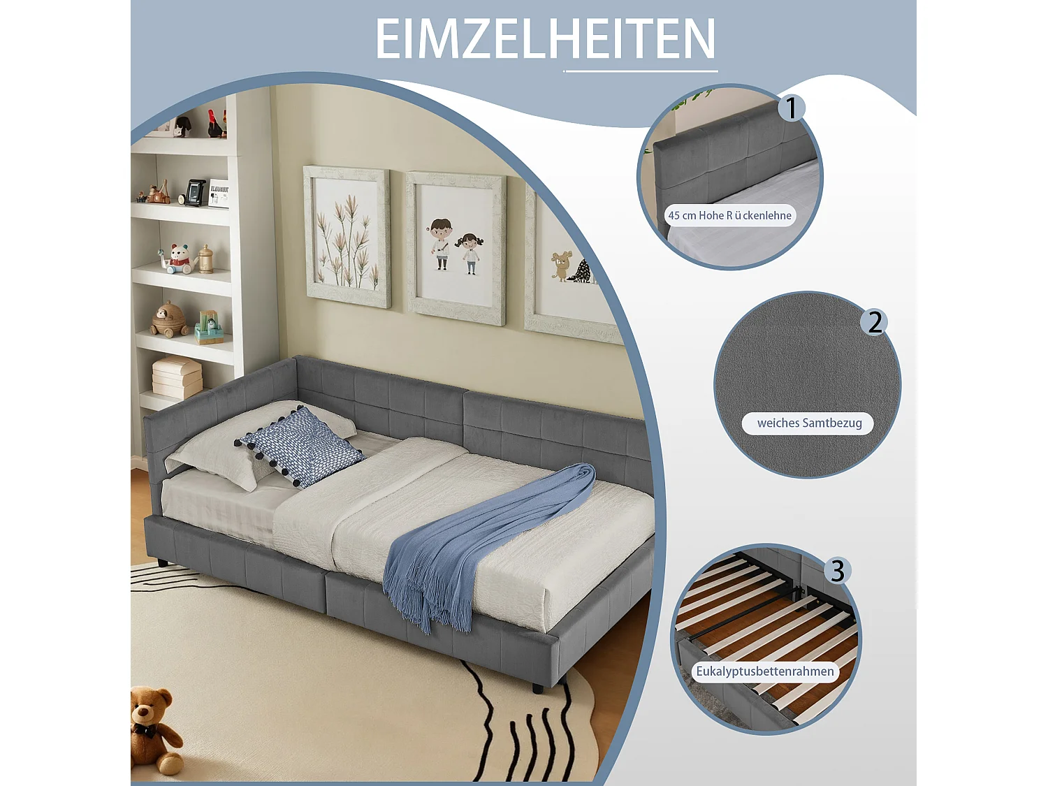 Letto singolo 90×200 cm in morbido velluto, letto per bambini con schienale alto – Grigio Scuro