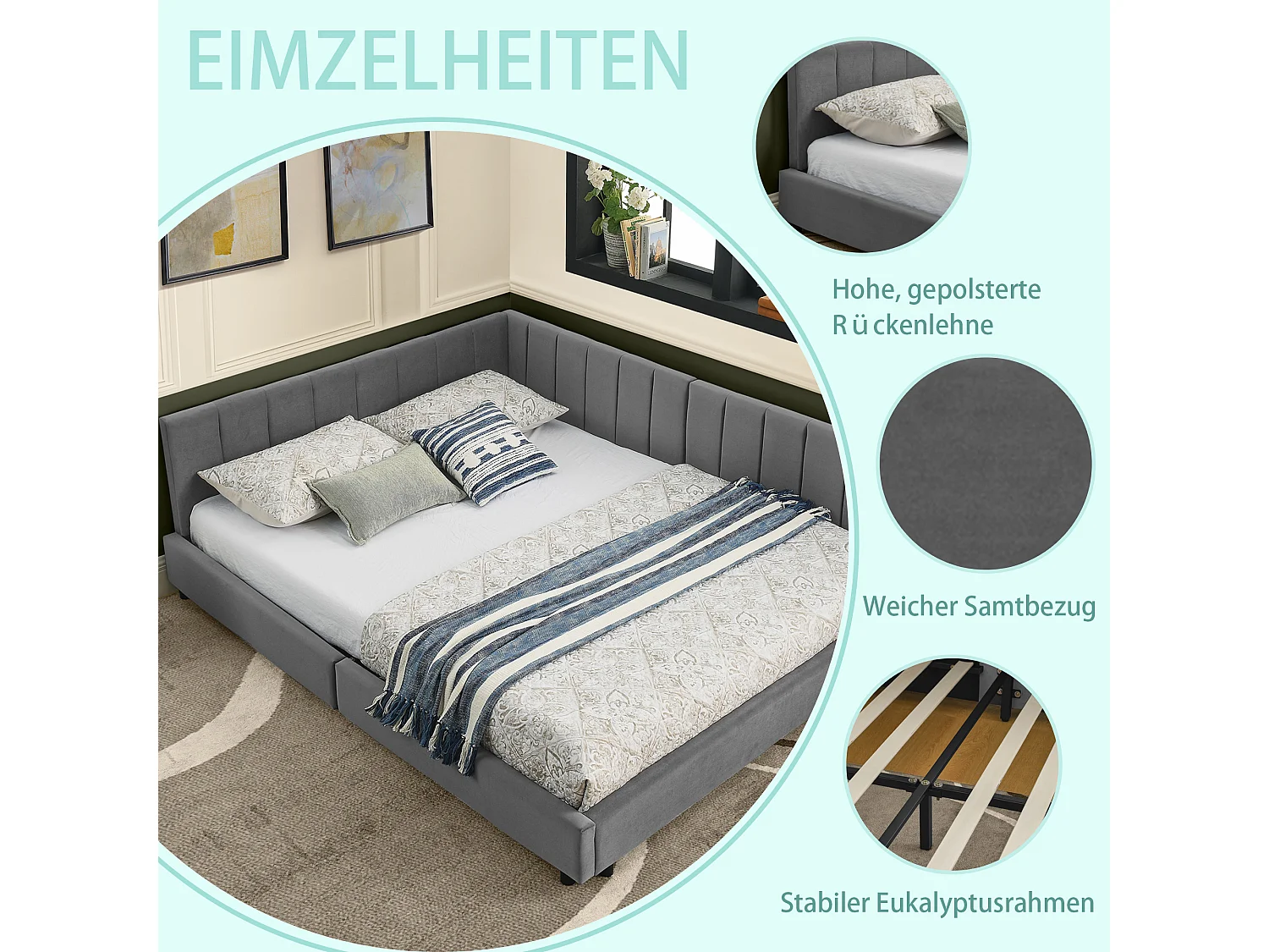 Lit double 160×200 cm en velours doux, tête de lit haute, idéal pour chambre familiale ou appartement spacieux – Dark Gray