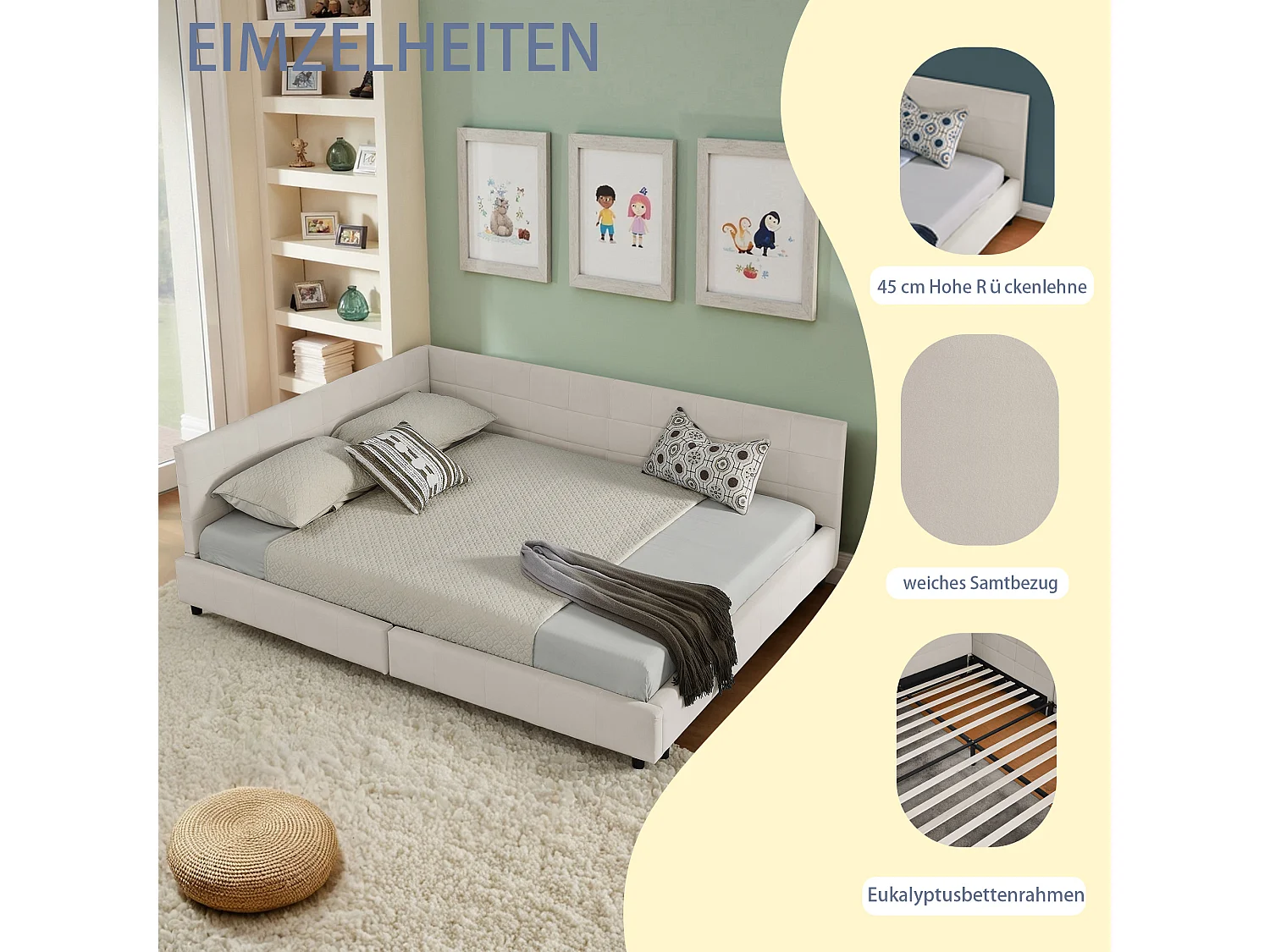 Lit double 140×200 cm en velours doux, cadre d’angle en L, lattes en eucalyptus & métal, montage facile – Beige