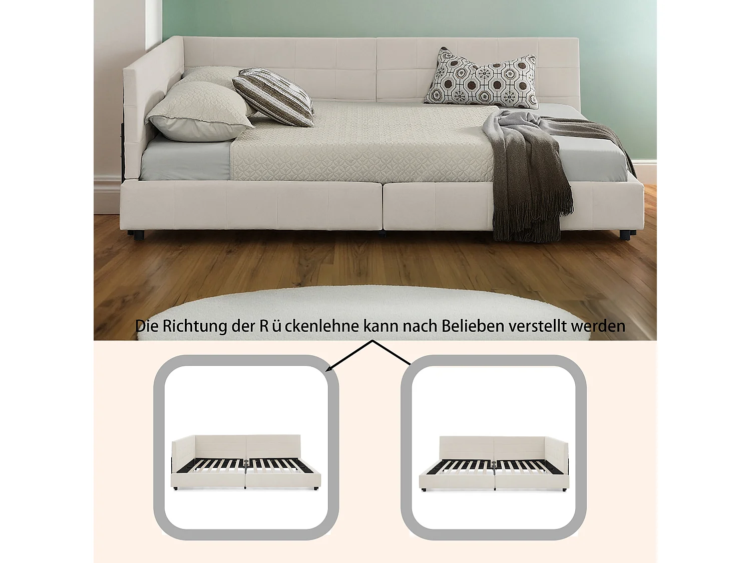 Lit double 140×200 cm en velours doux, cadre d’angle en L, lattes en eucalyptus & métal, montage facile – Beige