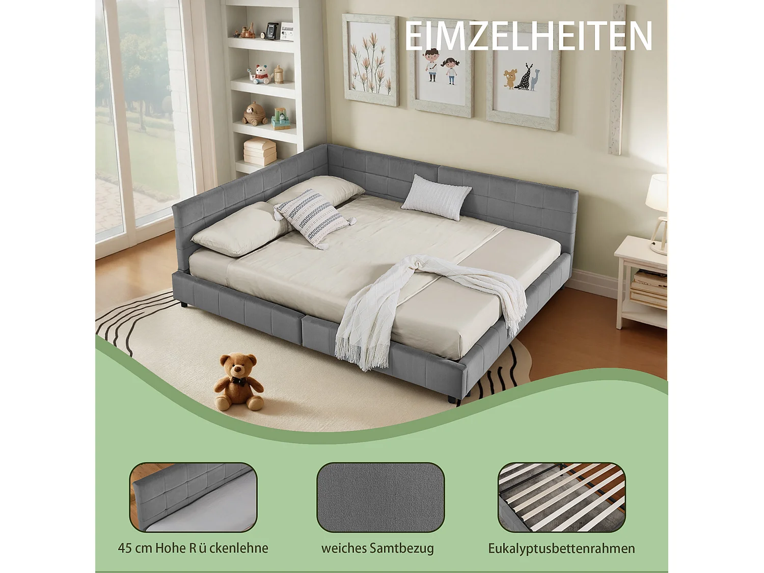 Lit double 160×200 cm en velours doux, cadre d’angle en L, lattes en eucalyptus & métal, montage facile – Dark Gray
