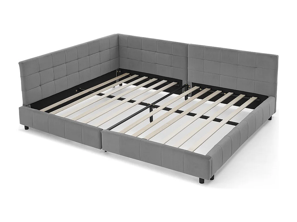 Lit double 160×200 cm en velours doux, cadre d’angle en L, lattes en eucalyptus & métal, montage facile – Dark Gray