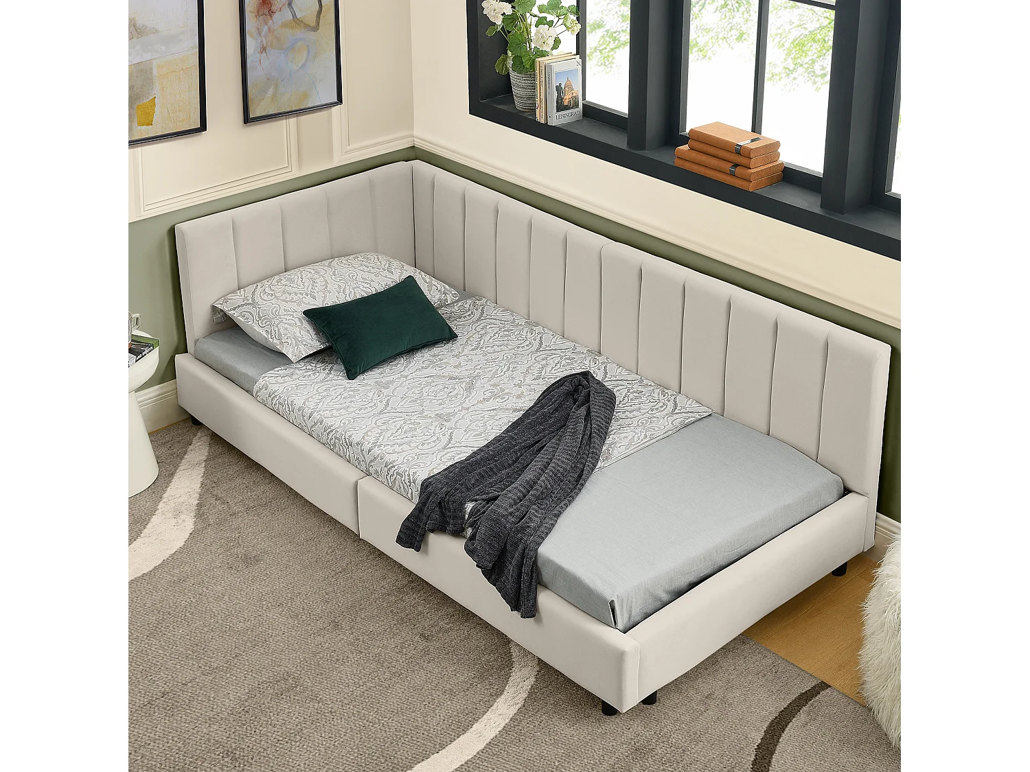 Lit simple 90×200 cm en velours doux, lit enfant avec dossier haut, idéal pour chambre d’enfant ou petit appartement – Beige