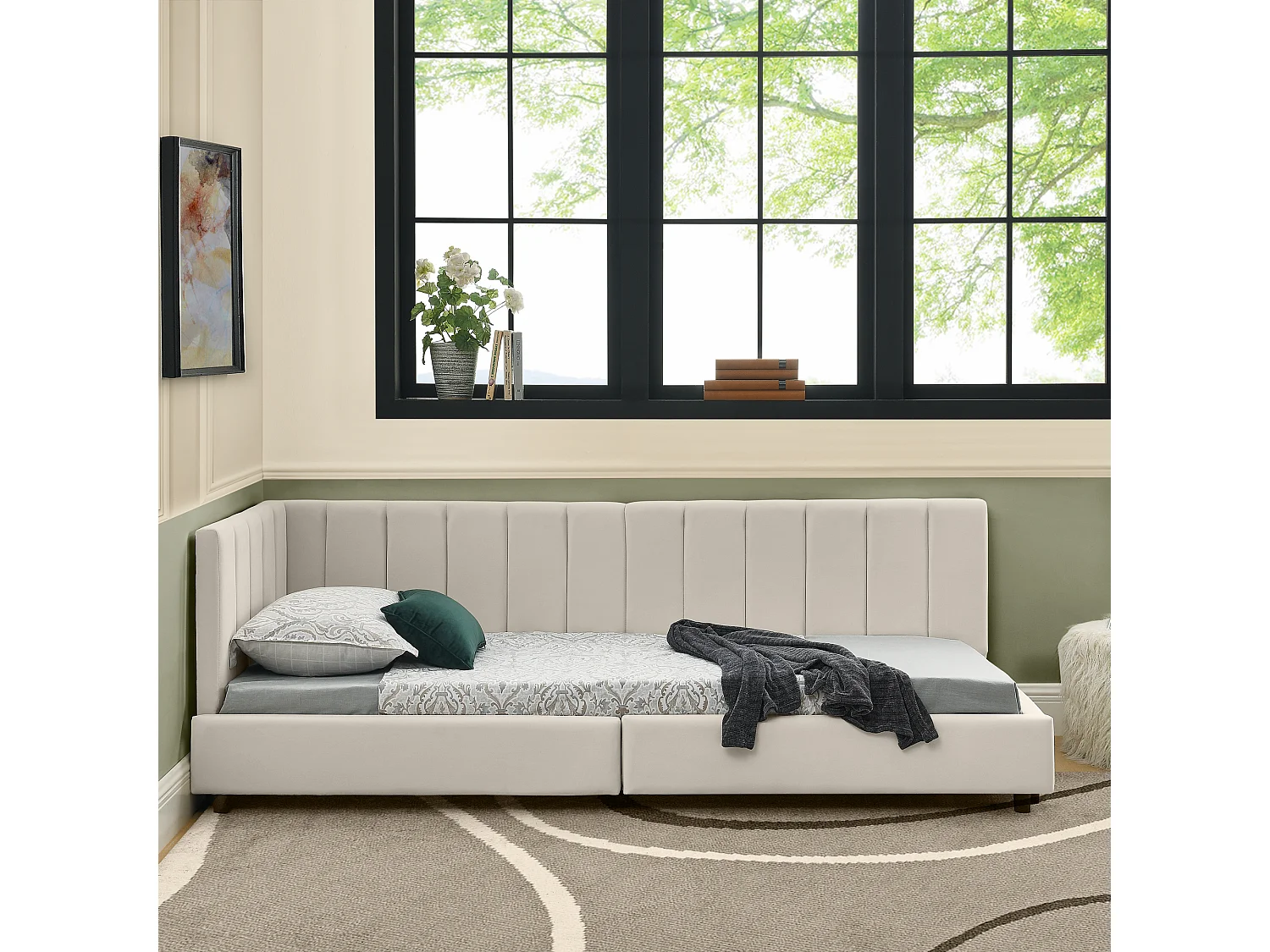 Lit simple 90×200 cm en velours doux, lit enfant avec dossier haut, idéal pour chambre d’enfant ou petit appartement – Beige