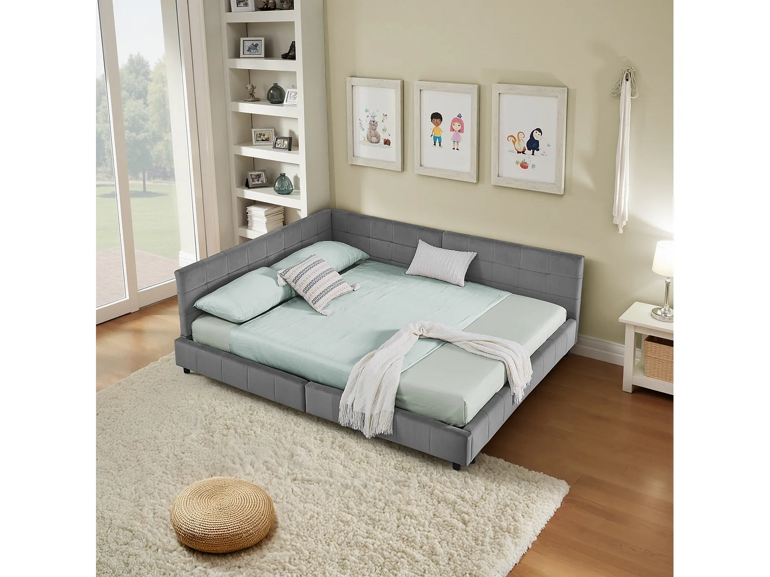 Lit double 140×200 cm en velours doux, cadre d’angle en L, lattes en eucalyptus & métal, montage facile – Dark Gray