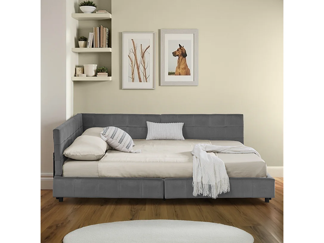 Lit double 140×200 cm en velours doux, cadre d’angle en L, lattes en eucalyptus & métal, montage facile – Dark Gray