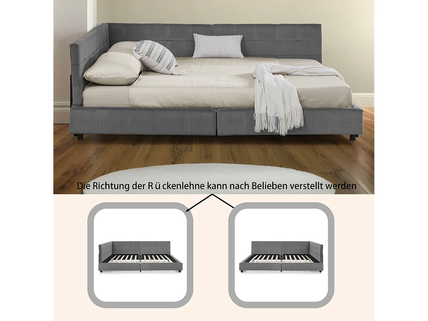 Lit double 140×200 cm en velours doux, cadre d’angle en L, lattes en eucalyptus & métal, montage facile – Dark Gray