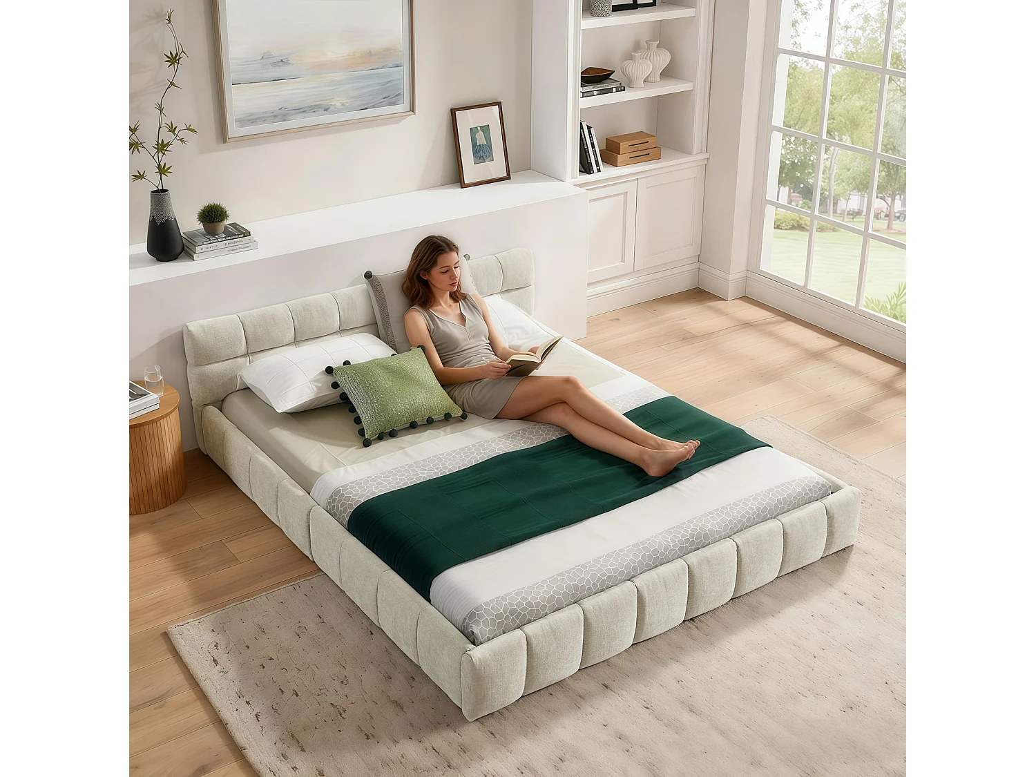 Lit double 140×200 cm en chenille douce, design capitonné carré, cadre en eucalyptus écologique & métal, montage facile – Beige