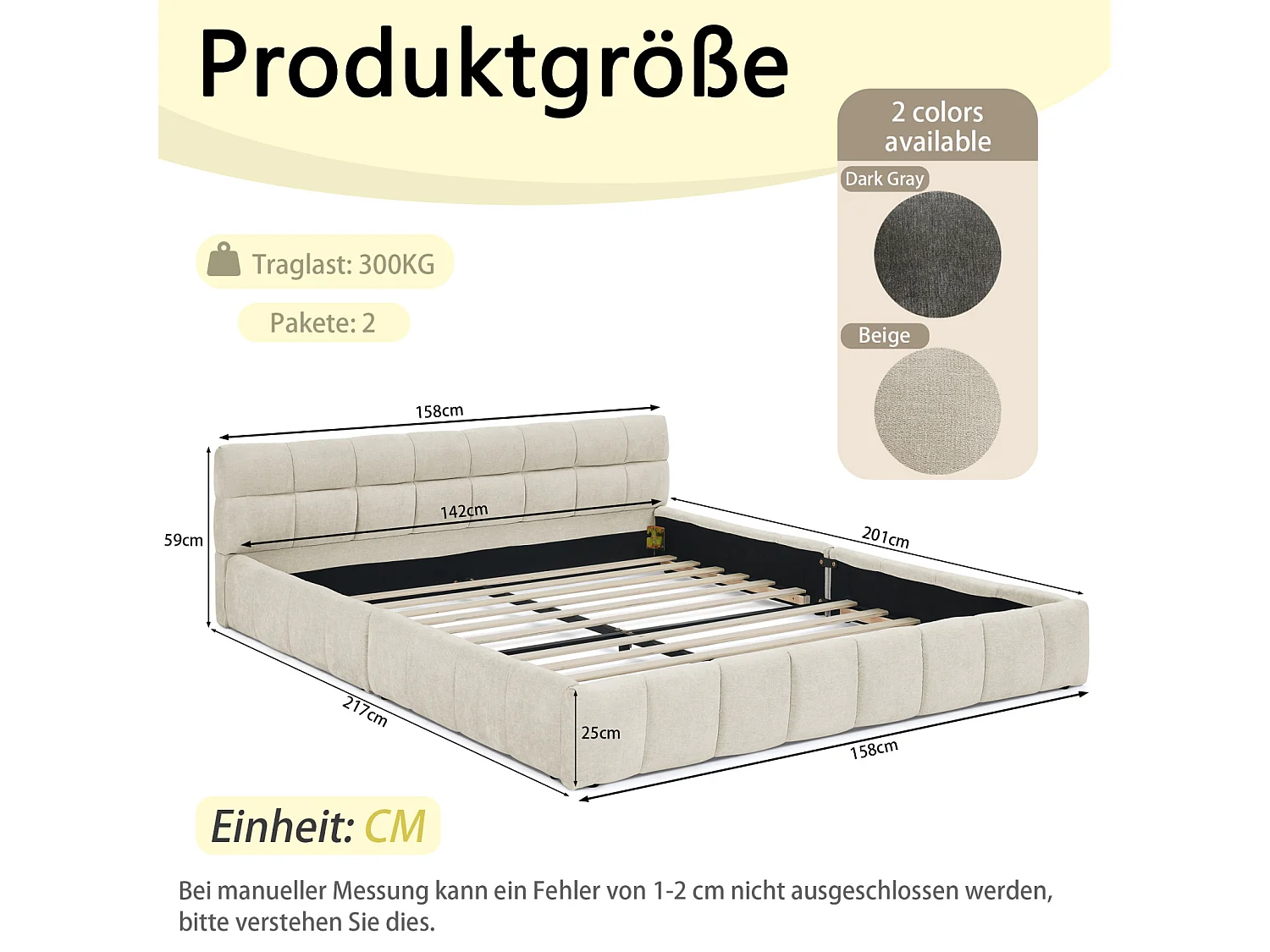 Lit double 140×200 cm en chenille douce, design capitonné carré, cadre en eucalyptus écologique & métal, montage facile – Beige