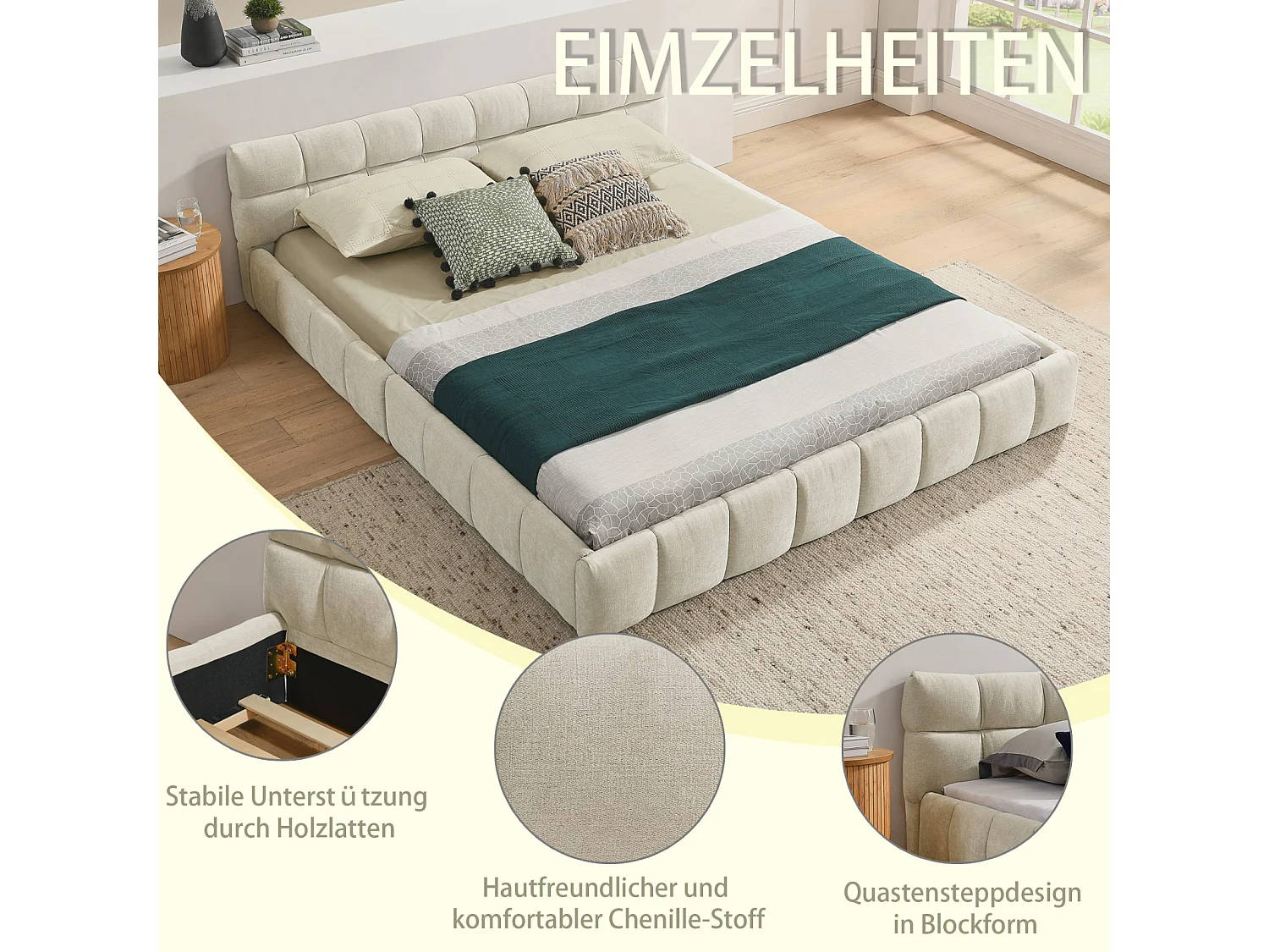 Lit double 140×200 cm en chenille douce, design capitonné carré, cadre en eucalyptus écologique & métal, montage facile – Beige