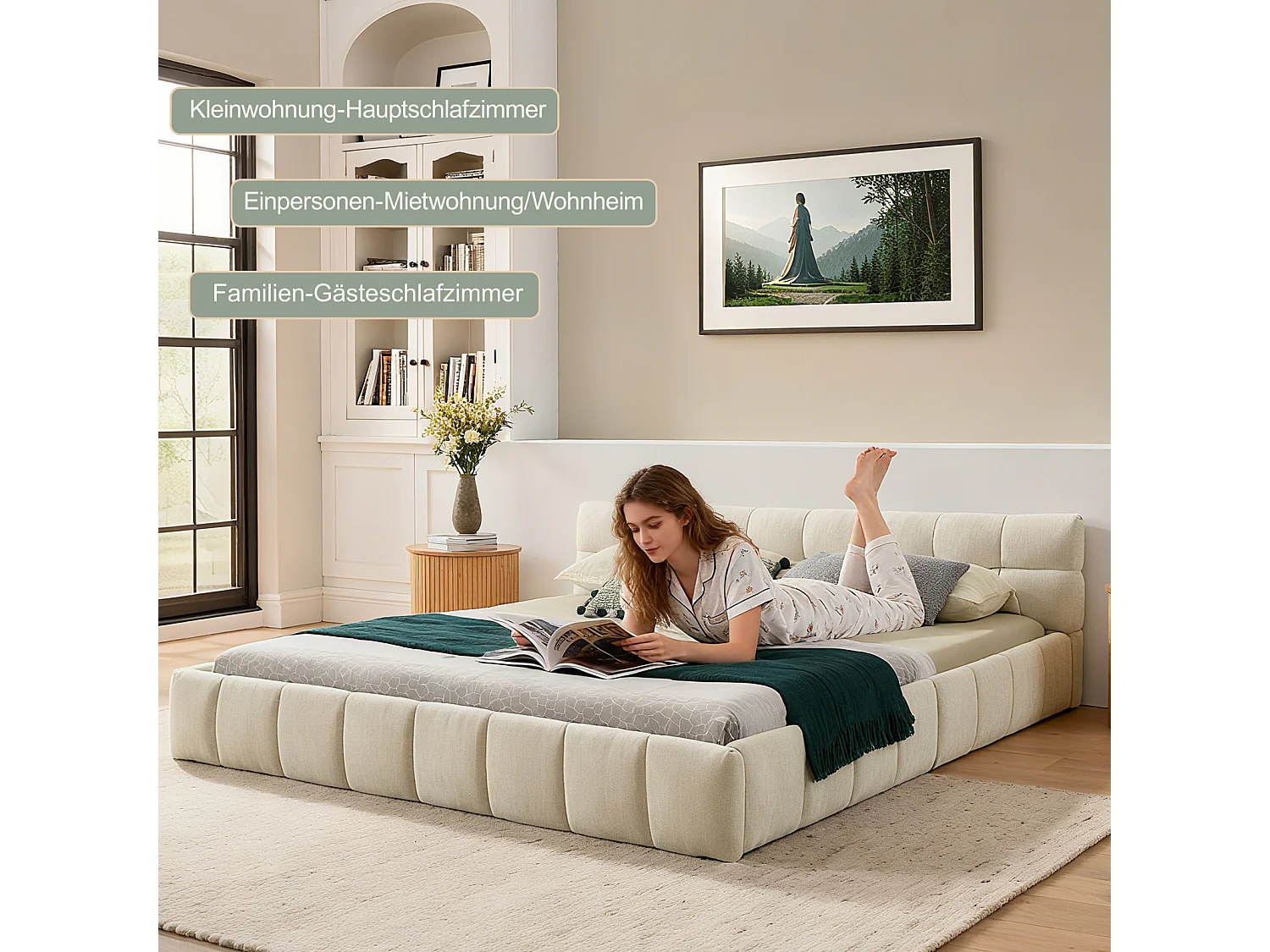 Lit double 140×200 cm en chenille douce, design capitonné carré, cadre en eucalyptus écologique & métal, montage facile – Beige