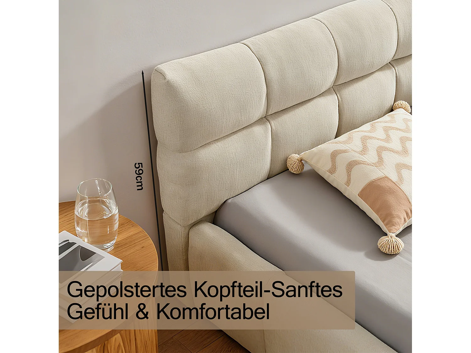 Lit double 140×200 cm en chenille douce, design capitonné carré, cadre en eucalyptus écologique & métal, montage facile – Beige