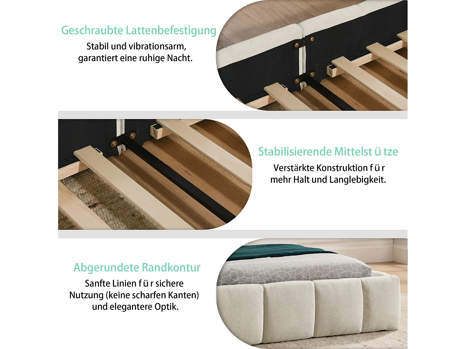 Lit double 140×200 cm en chenille douce, design capitonné carré, cadre en eucalyptus écologique & métal, montage facile – Beige