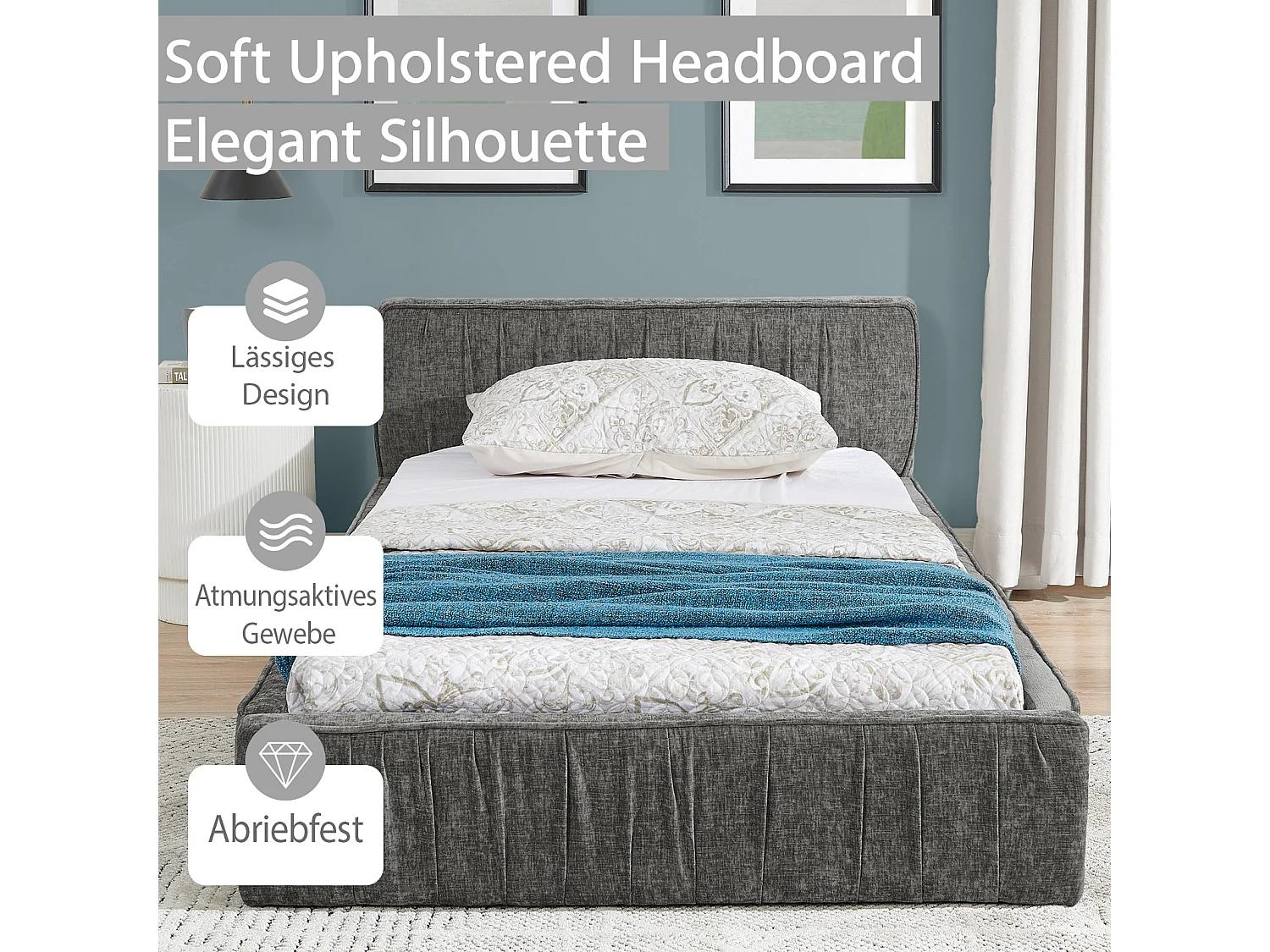 Cama individual infantil de 90×200 cm, en suave chenilla, con estructura ecológica de eucalipto y metal, fácil montaje – Gris Oscuro