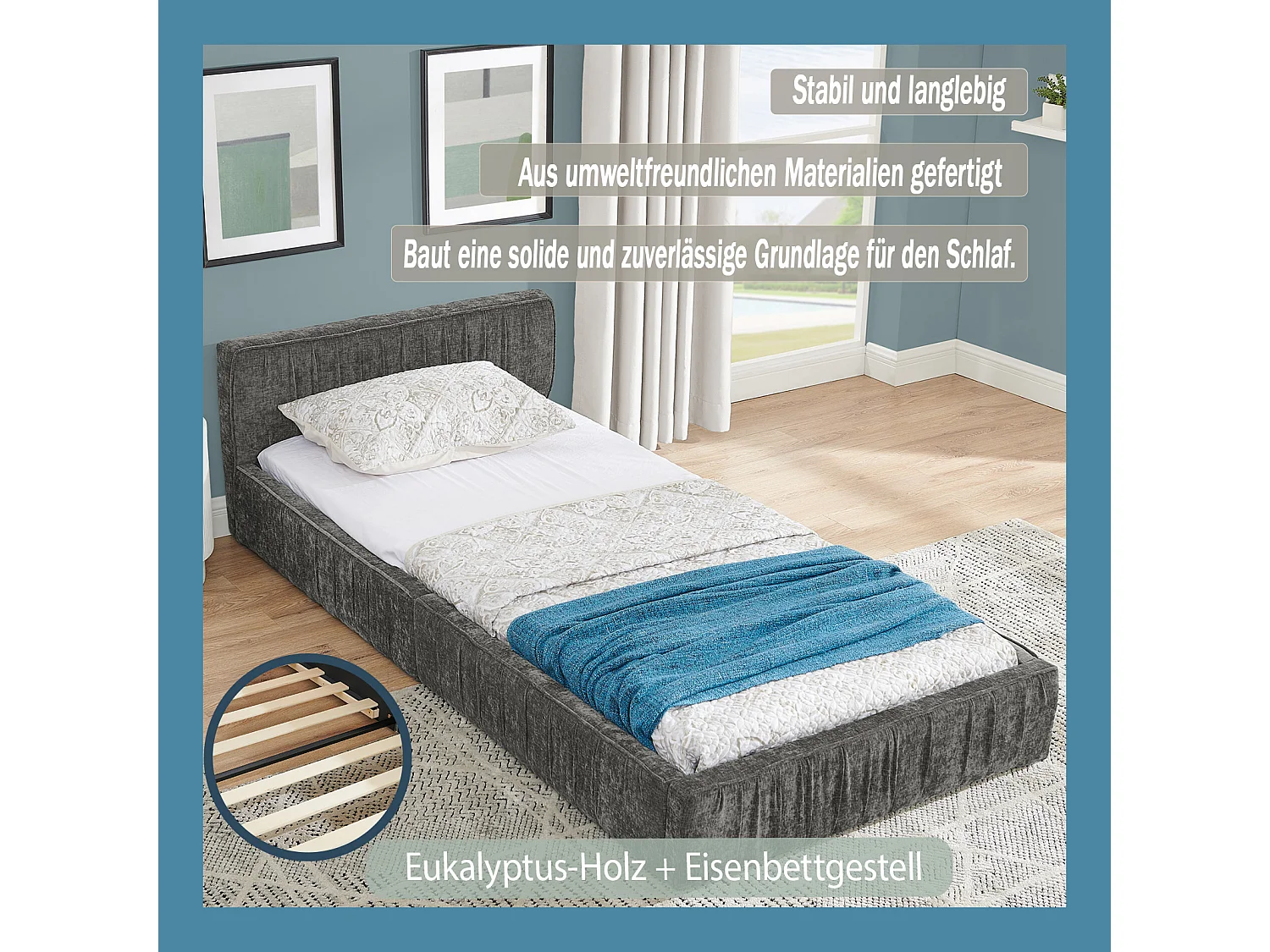 Cama individual infantil de 90×200 cm, en suave chenilla, con estructura ecológica de eucalipto y metal, fácil montaje – Gris Oscuro
