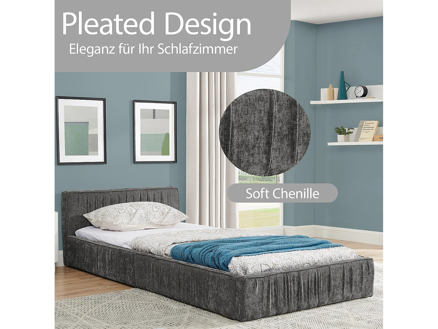 Cama individual infantil de 90×200 cm, en suave chenilla, con estructura ecológica de eucalipto y metal, fácil montaje – Gris Oscuro