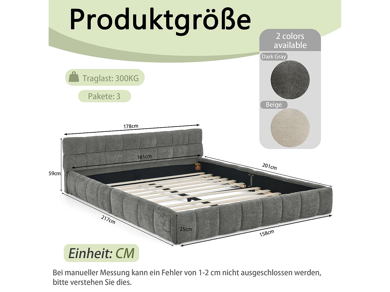 Lit double 160×200 cm en chenille douce, design capitonné, cadre en eucalyptus écologique & métal, montage facile – Dark Gray