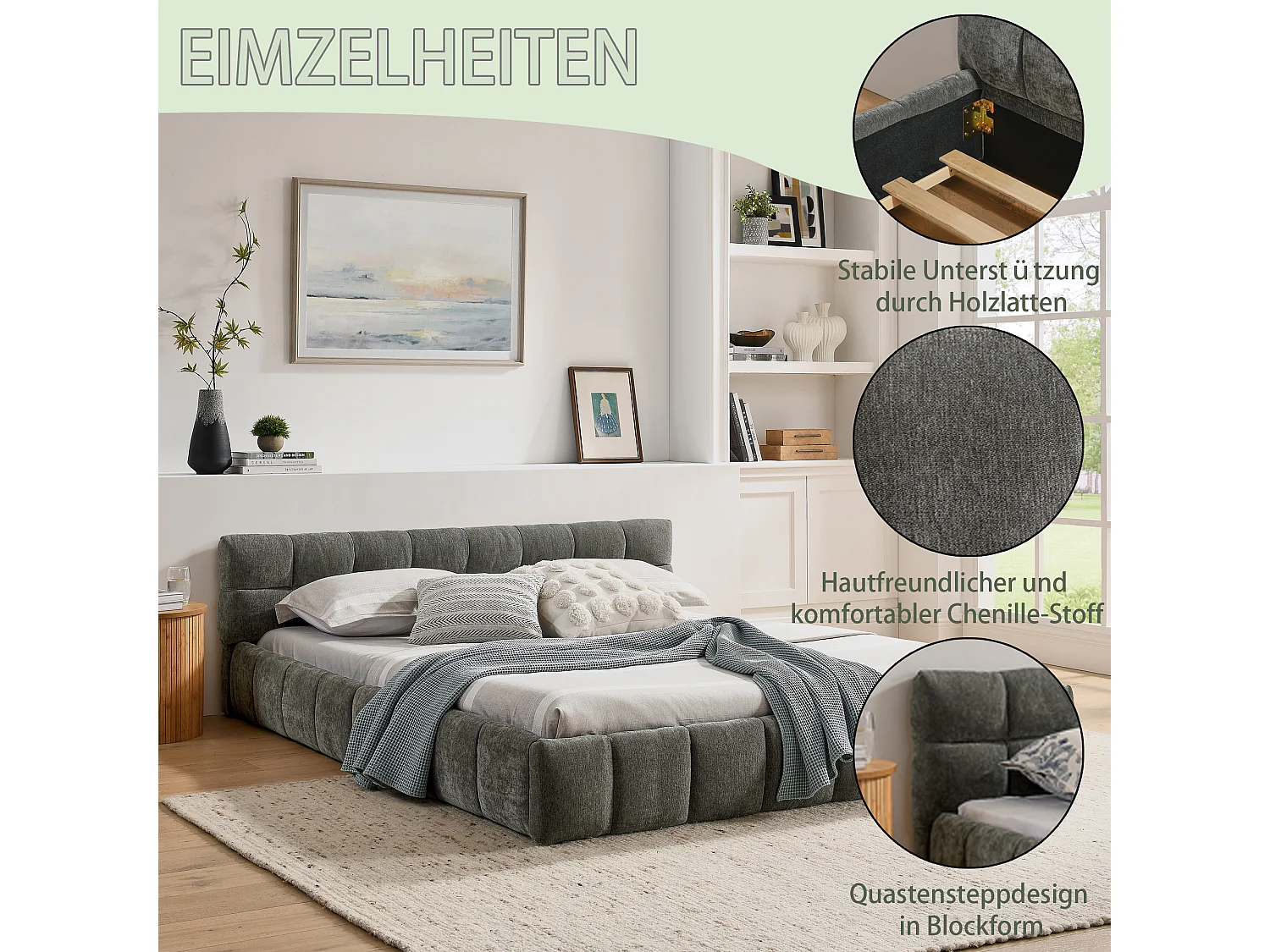 Lit double 160×200 cm en chenille douce, design capitonné, cadre en eucalyptus écologique & métal, montage facile – Dark Gray