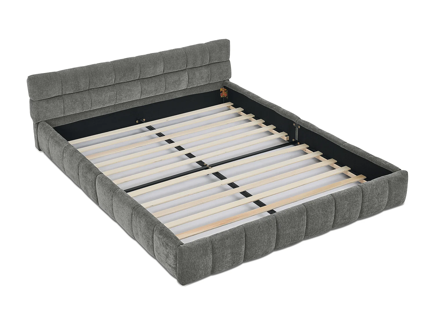 Lit double 160×200 cm en chenille douce, design capitonné, cadre en eucalyptus écologique & métal, montage facile – Dark Gray