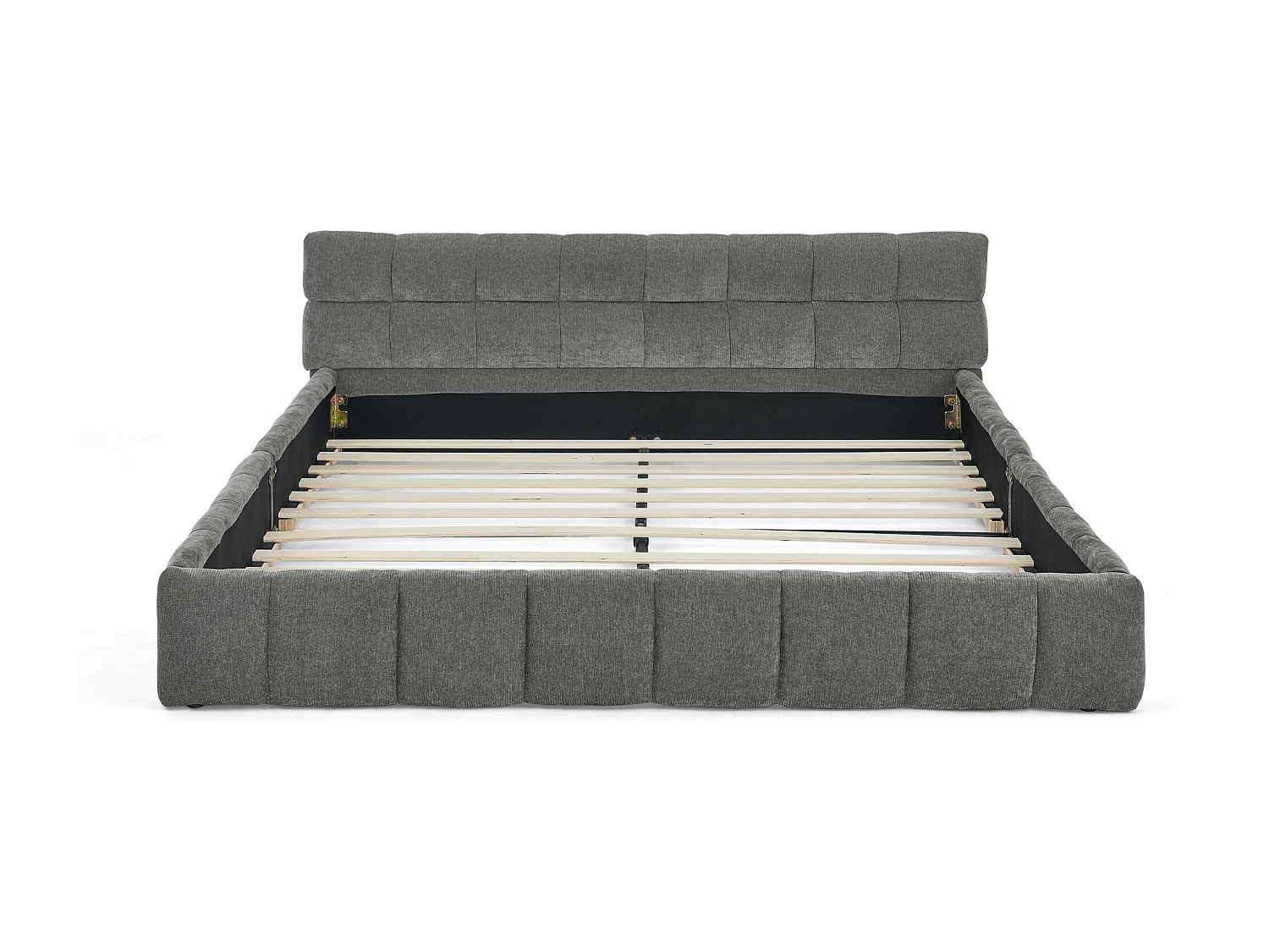 Lit double 160×200 cm en chenille douce, design capitonné, cadre en eucalyptus écologique & métal, montage facile – Dark Gray